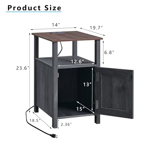Farmhouse Nightstand Set of 2, End Table with Charging Station, Rustic Side Table w/Barn Door & Open Shelves, Bedside Table w/Storage Space and Storage Cabinet for Bedroom, Living Room (White)