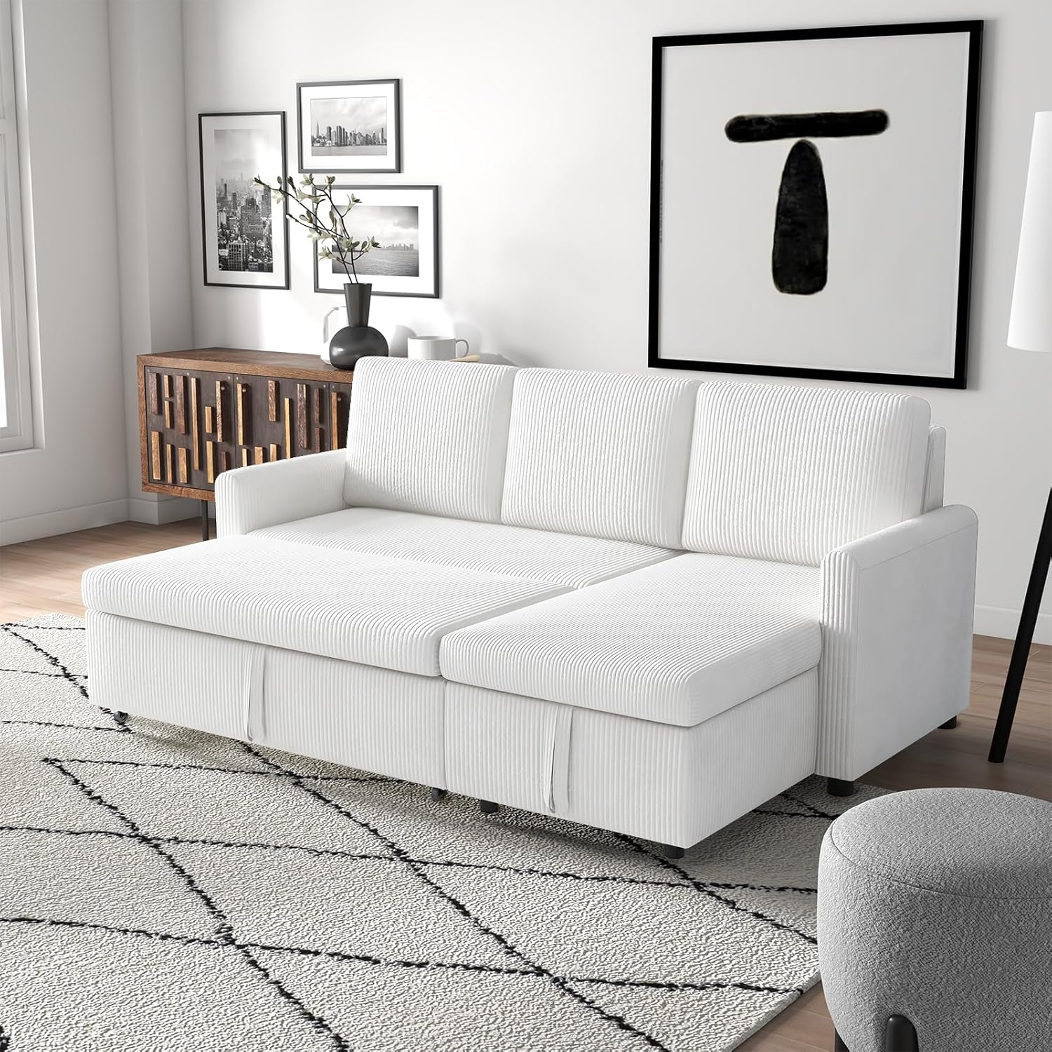 Convertible Sleeper Sofa Bed 3 in 1, Soft Corduroy L-Shaped Couches for Living Room, Small Pull Out Sectional Futon Sofa Bed with Storage Chaise and 2 Pillows, for Small Space Apartment, Beige