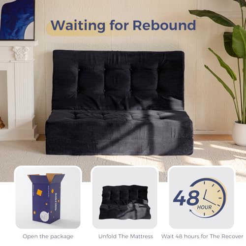 MAXYOYO Tri-Fold Mattress, 6 Inch Tufted Folding Mattress Full Foam Bed, Foldable Floor Mattress Guest Bed Mattress Topper Portable Camping Sleeping Bed with Corded Fabric, Black, 53"x75"