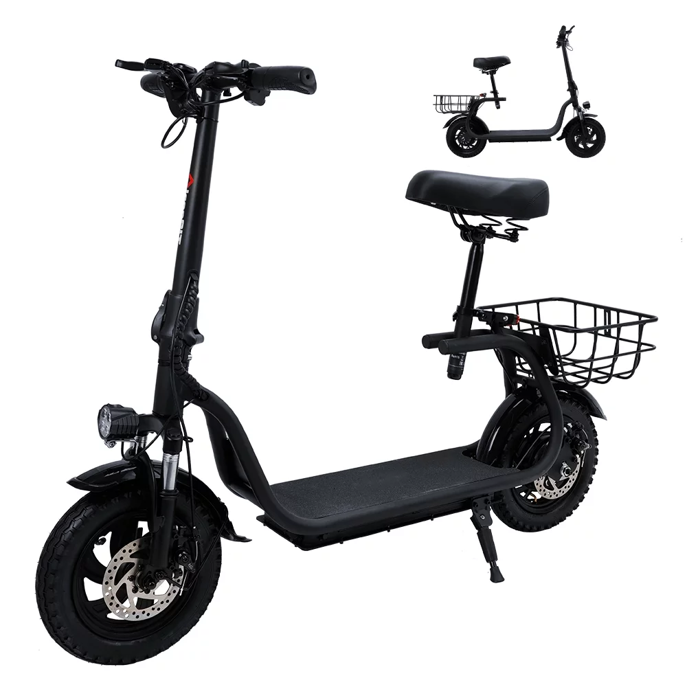 Adult Electric Scooter with Seat & Carry Basket, New Upgraded 500W 36V Up to 19 Mph- LCD Display-Moped for Adults-Foldable-Oversized Soft Seat-Dual Shock Absorption E-Bike