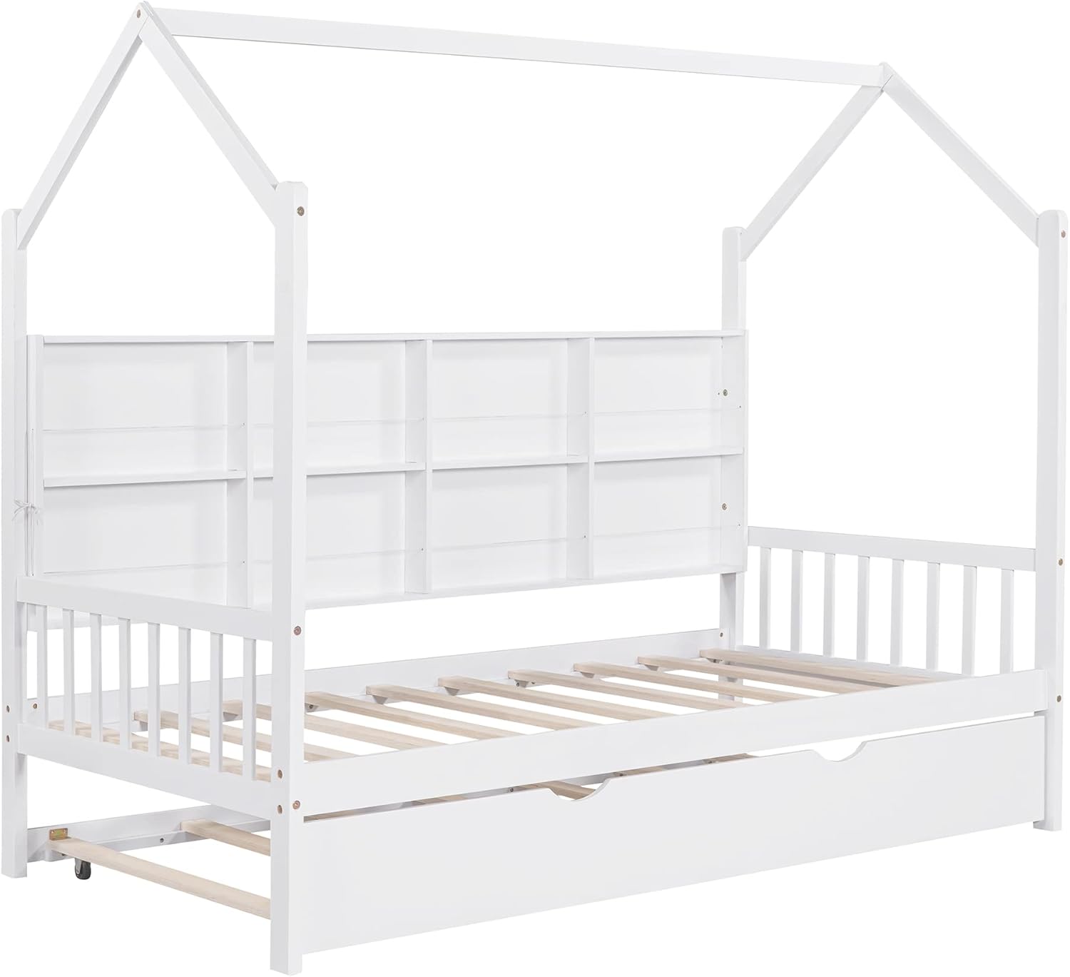 Merax Twin Size Platform Bed with Trundle, Wooden Twin Size House Bed Frame with Storage Shelf, No Box Springs Needed, White