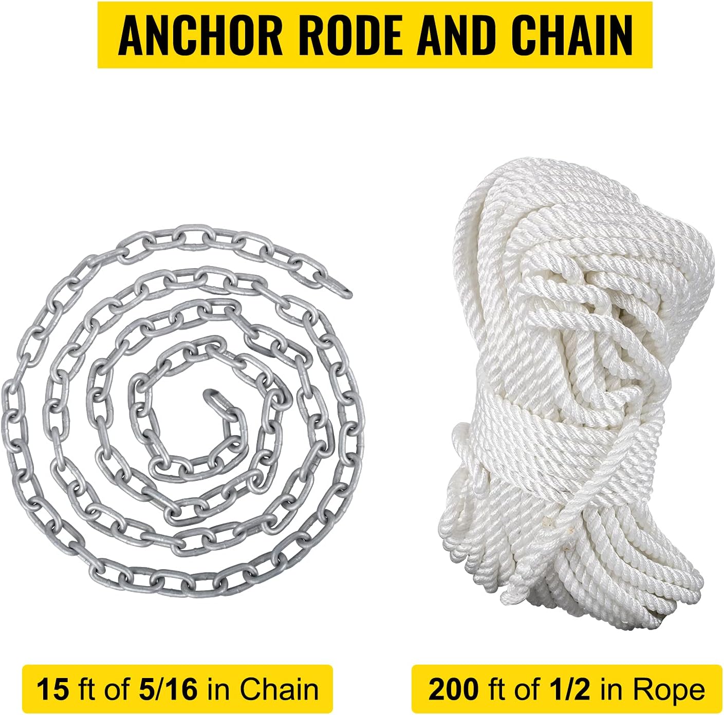 VEVOR Anchor Rode and Chain, 15' x 5/16" Boat Anchor Chain, 1/2" x 200' Nylon Rope, 2.2T Chain Tension Galvanized Steel Chain, Windlass-Grade Three Strand Twist Nylon, Anchor Chain for Boats, Ships