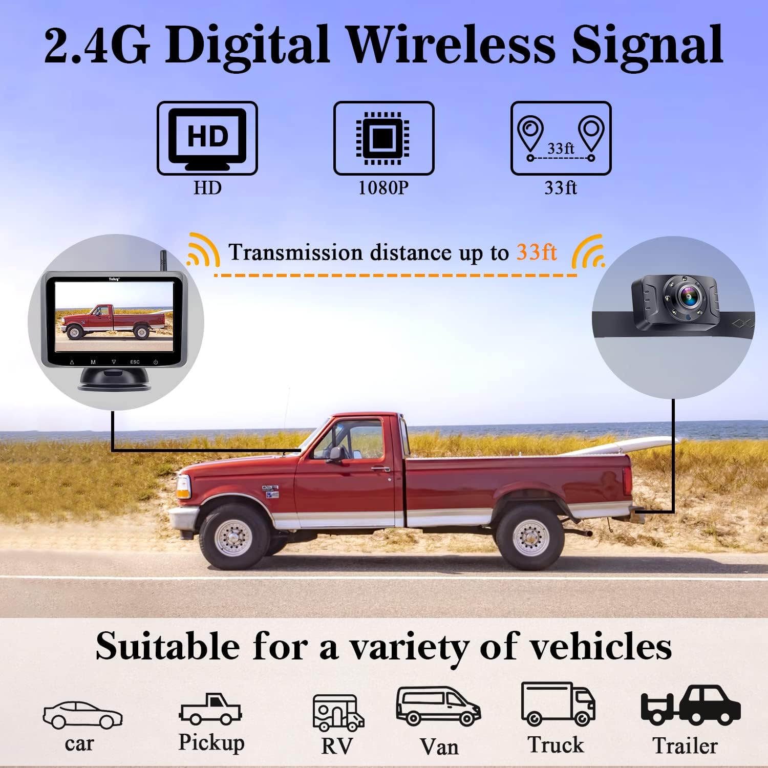 Wireless Backup Camera for Trucks HD 1080P with 5 Inch Monitor Bluetooth Backup Camera for Cars,Vans,Campers,Small RVs Stable Digital Signals DIY Installation Second RV Camera Available Add Yakry Y25