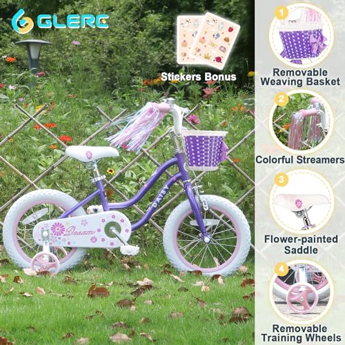 Glerc Daisy 12 14 16 Inch Girl Princess Style Bike for 2-7 Years Old with Training Wheels & Basket & Streamers, Multiple Colors
