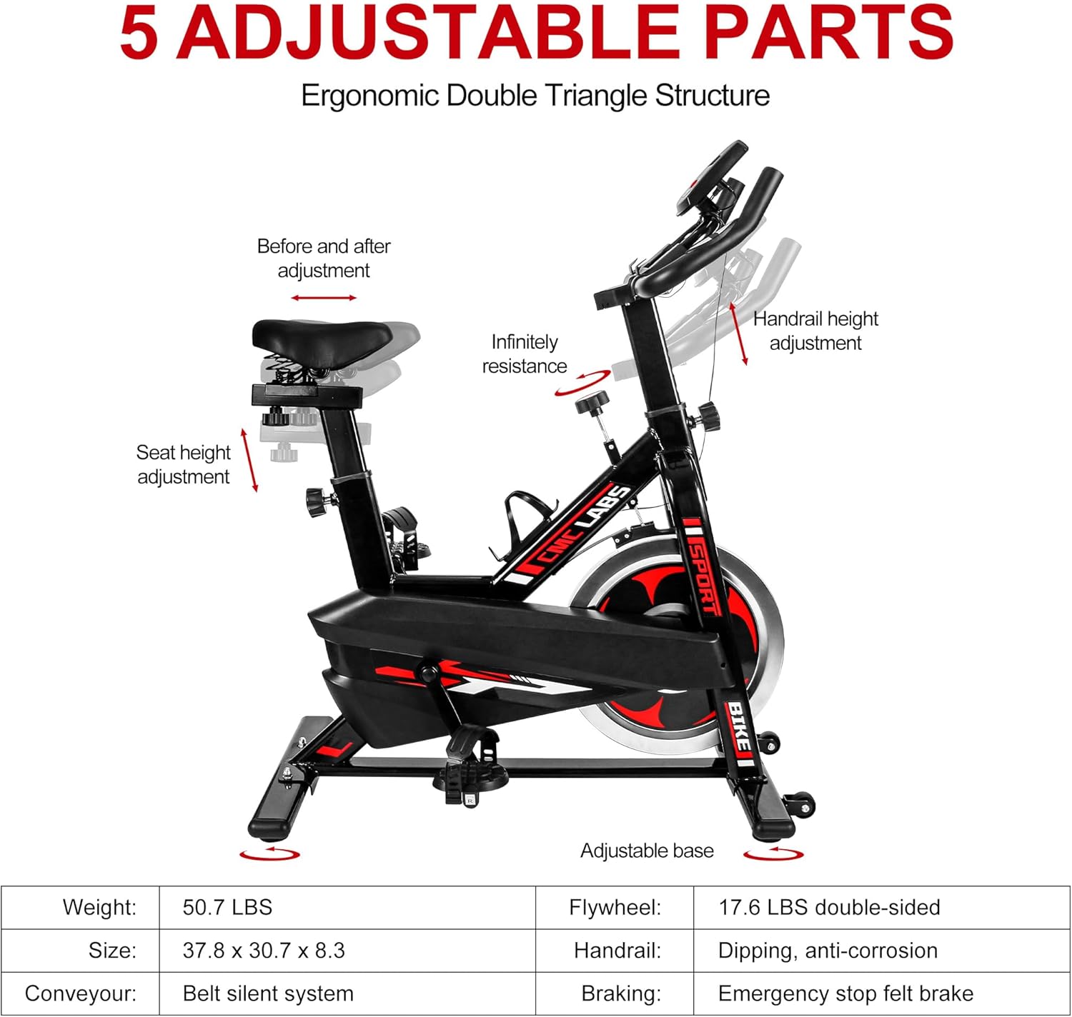 Spin Bike, Brake Pad Stationary Bike for Home, Indoor Cycling Bike with Heavy Flywheel, Comfortable Seat Cushion，Exercise Bike