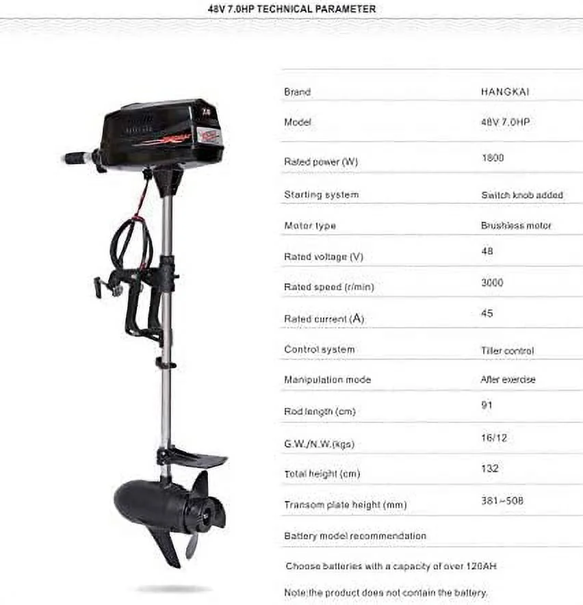 Miumaeov 7HP 48V Outboard Electric Motor Fishing Boat Engine Motor Tiller Control 1.8KW Heavy Duty Strong Power Low Energy Consumption 90 Degrees Rotatable Bracket