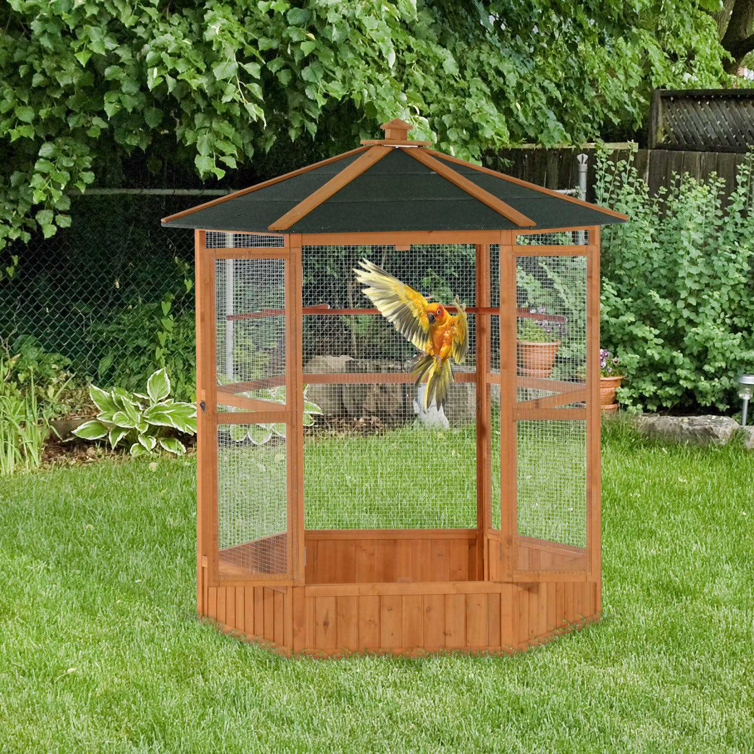 PawHut 69 Large Wooden Hexagonal Outdoor Aviary Flight Bird Cage With Covered Roof - Pet Supplies online store