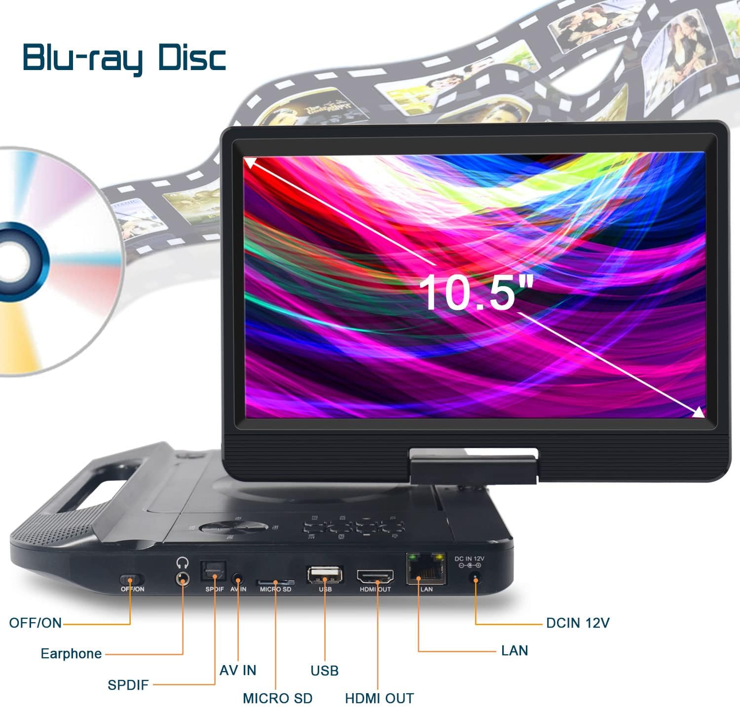 FANGOR 12.5 1080P Portable Blu-Ray Player with 10.5 HD Swivel Screen, HDMI Out & AV in, Multi Media Player, 5 Hours Rechargeable Battery, Supports USB/SD Card, Last Memory, Region Free