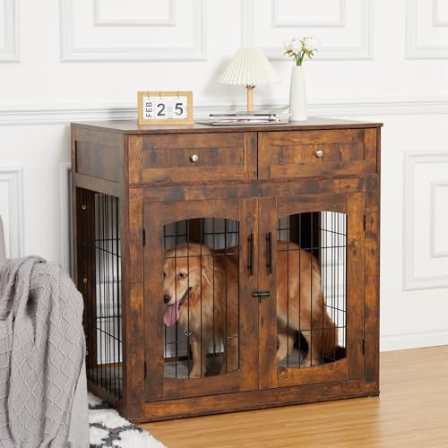 Dog Crate Furniture with Cushion,Wooden Dog Kennels Indoor with 2 Drawers,Dog Furniture Crate End Table with Storage