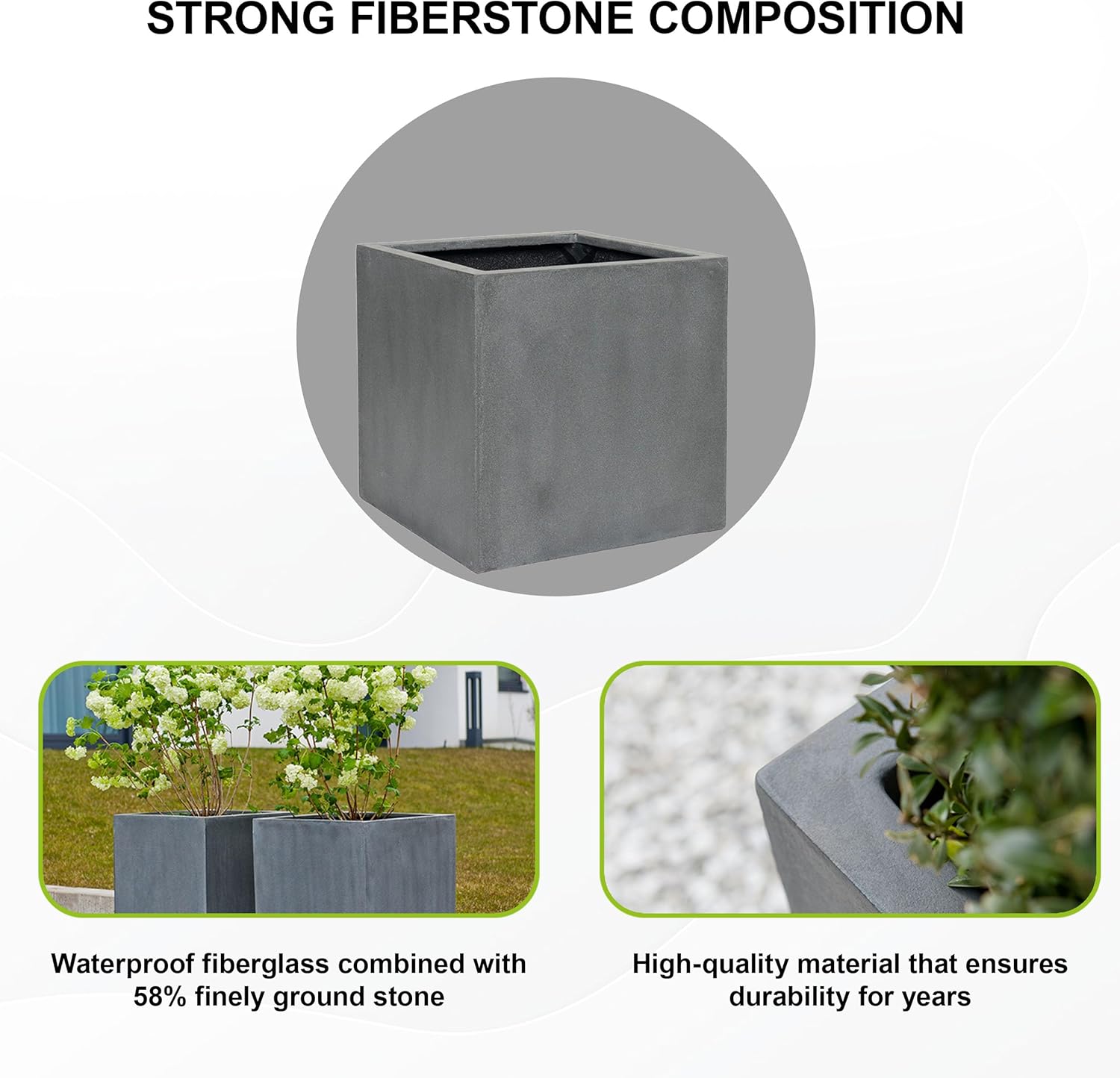 Block XL Fiberstone Indoor Outdoor Modern Grey Square Planter, Extra Large, 24 Inch Tall