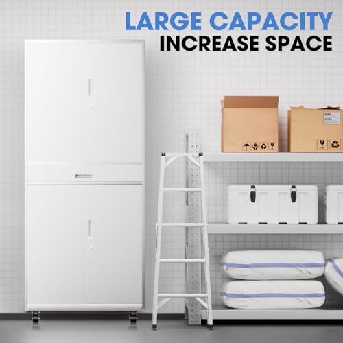 DNA MOTORING 71'' Metal Storage Cabinet, Locking Tool Cabinet with 1 Drawer and Adjustable Shelves, Lockable Heavy Duty Metal Locker for Garage,Office,Home,Gym, Gray, TOOLS-00629-GY-GY-A