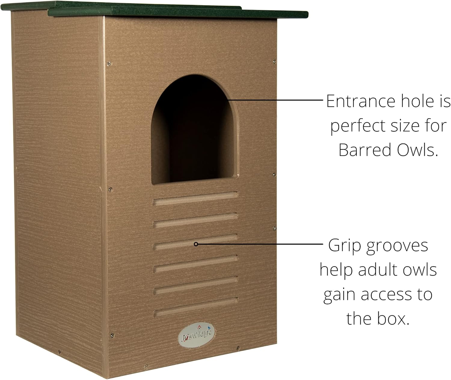 JCs Wildlife Recycled Poly Lumber Barred Owl Nesting Box - Mounting Hardware and Pine Shavings Included - Dedicated Clean Out Door - Made in The USA