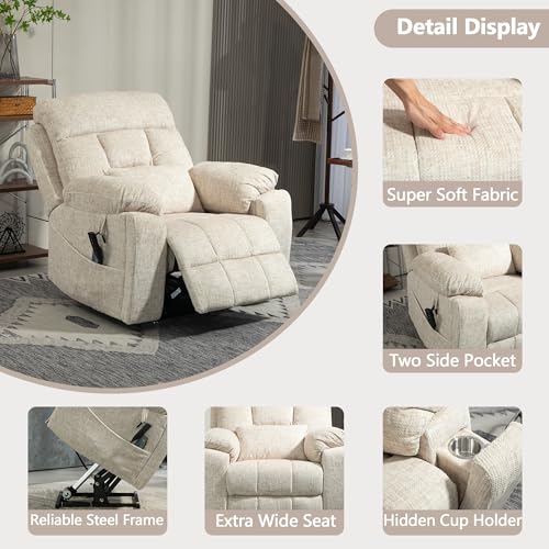 Power Lift Chair Lay Flat Recliner Infinite Position Electric Dual Motor Stand Up Lift Chair with Massage and Heat for Adults,Heavy Duty Recliners with 2 Remote Controls and Two Cup Holders