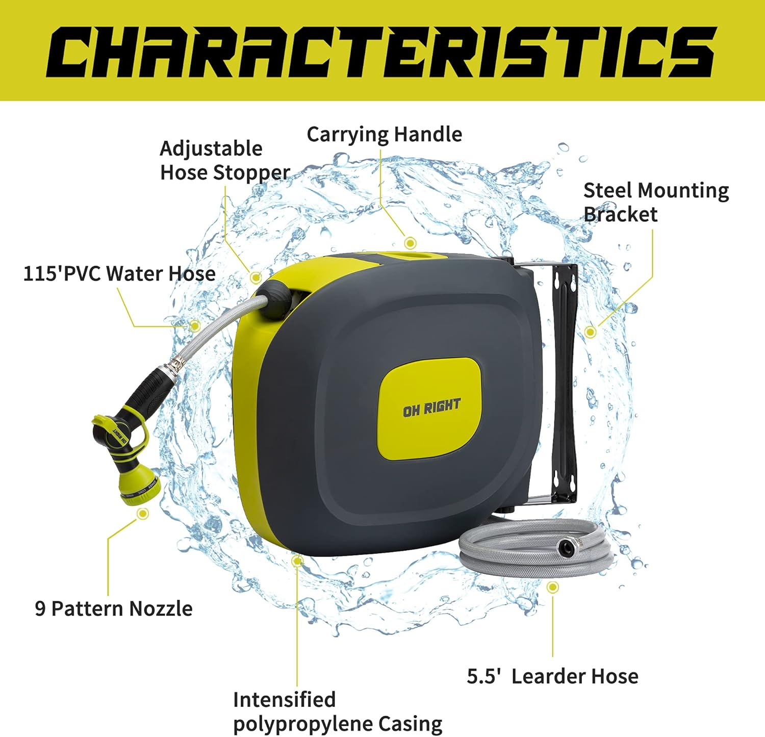 Oh right Retractable Garden Hose Reel 1/2" 115'+5' with 180°Swivel Metal Bracket, Wall Mounted Water Hose Reel with 9 Pattern Nozzle