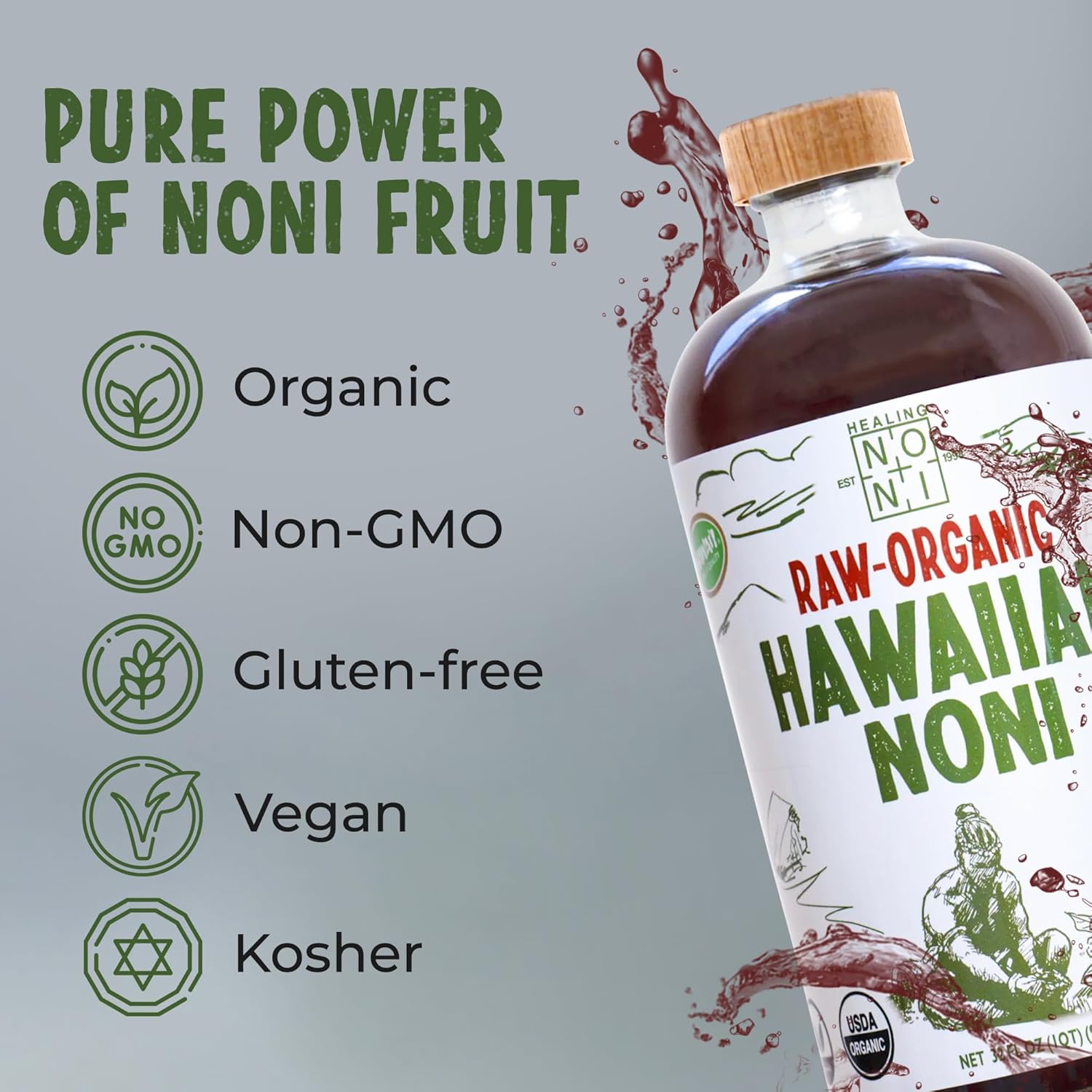Healing Noni - 4-Pack Glass Bottle 32oz - 100% Pure Hawaiian Raw-Organic Juice - All-Natural Unsweetened Fresh Fruit - Farm Direct - USDA Certified