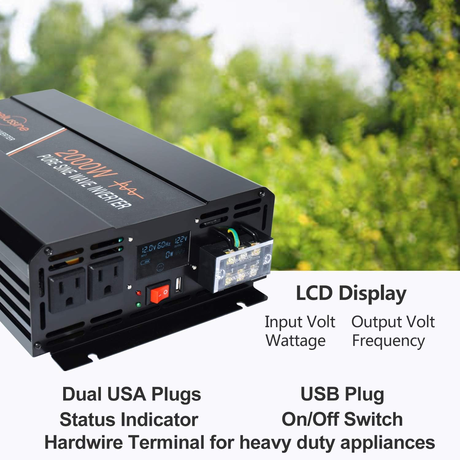 aeliussine Power Inverter 2000W Pure Sine Wave Inverter 12v DC to AC 120v Peak 4000 Watt Converter with LCD Display USB Charge Port for Car RV Boat Solar Power System.