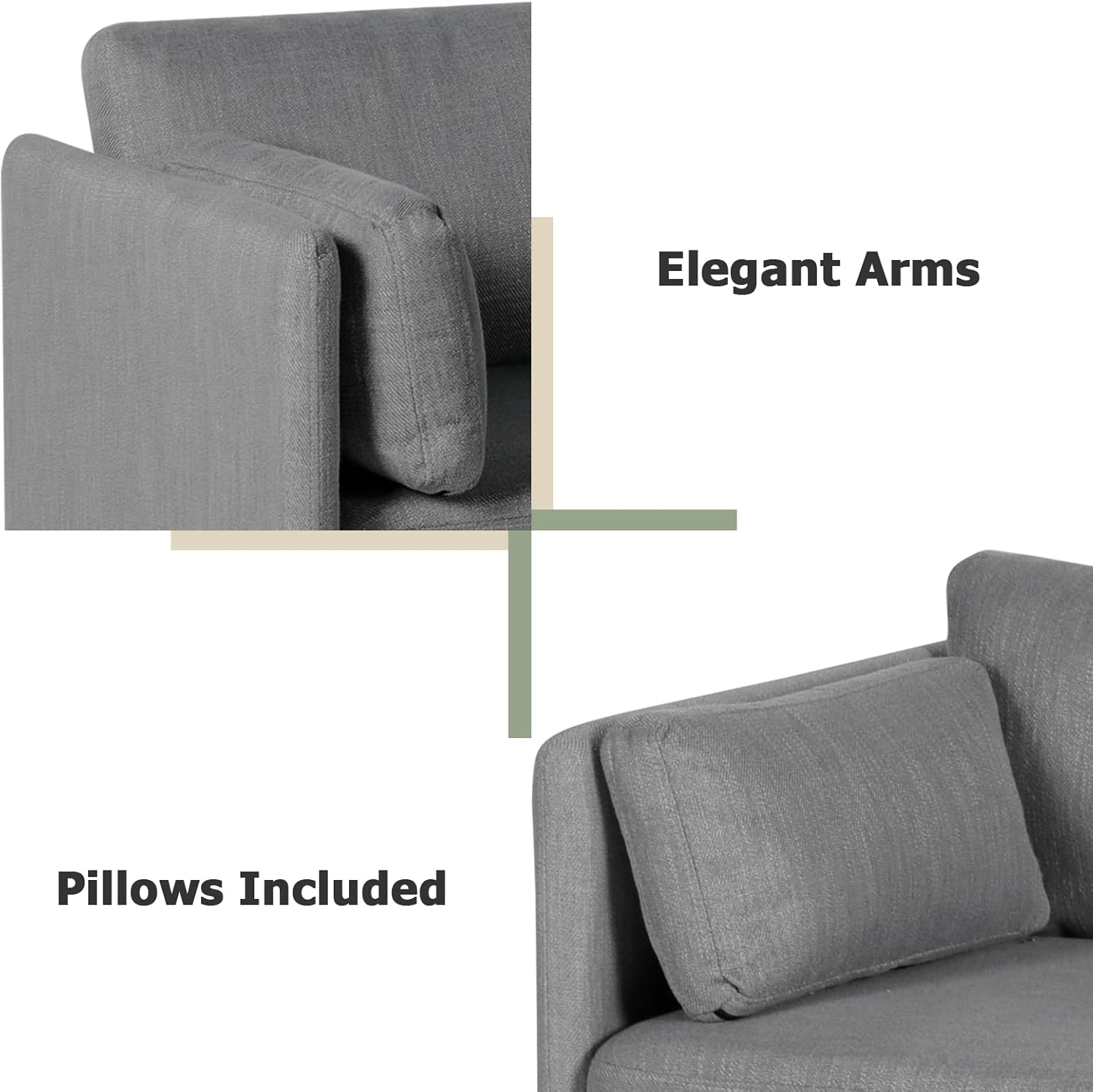 3 PCS Living Room Sofa Set, Modern Upholstered Armchair Loveseat Couches w/Rectangle Pillows, Including 3-Seater Sofa, Loveseat and Sofa Chair, Sectional Sofa Set for Office, Bedroom, Apartment Grey