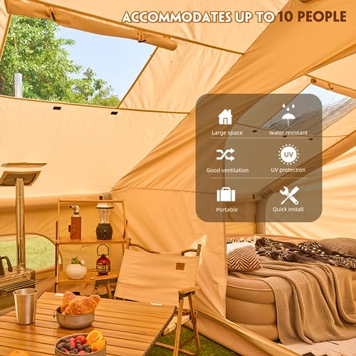 YOLENY Inflatable Tents for Camping, 4/6/8/10/12 Person Tent with TPU Skylight, Mesh Windows, Stove Jack & Pump, Easy Setup 4 Season Glamping Tent, Waterproof & Windproof
