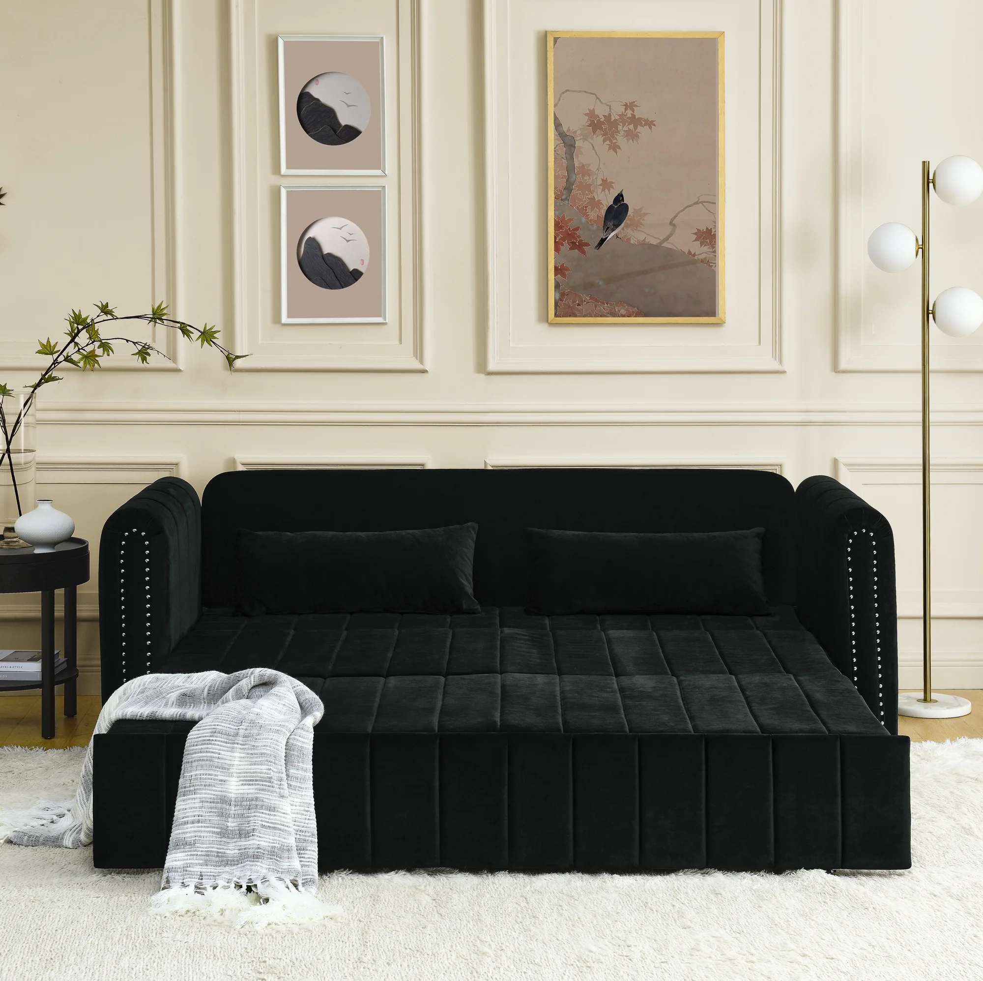 3-in-1 Convertible Sleeper Sofa Bed,Pull-Out Bed Sleeper with Rolled Arms Decorated with Copper Nails,Modern Upholstered 3 Seats Sofabed with Two Drawers and Two Pillows,Black - Curated Treasures Market