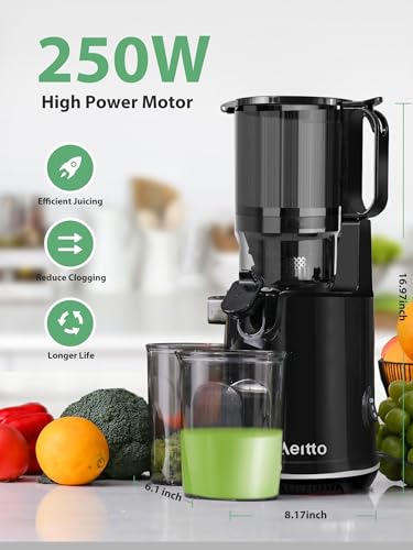 Aeitto Cold Press Juicer, Juicer Machine with 5.3" Wide Mouth, 250W Whole Fruit juicer