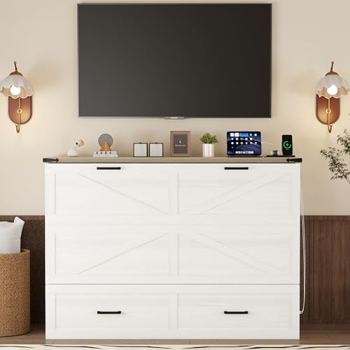 Wooden Murphy Cabinet Bed Frame with Charging Station, Full-Size Foldable Wall Bed with Large Storage Drawer for Home Apartment Limited Living Places, Space-Saving Hidden Bed No Box Spring Needed
