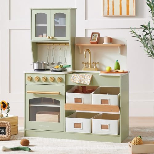 Tiny Land Play Kitchen for Kids with Enhanced Storage – Modern Toddler Kitchen Playset with Stove, Sink & Accessories, Organized Wooden Toy Kitchen, Ideal for Toddlers