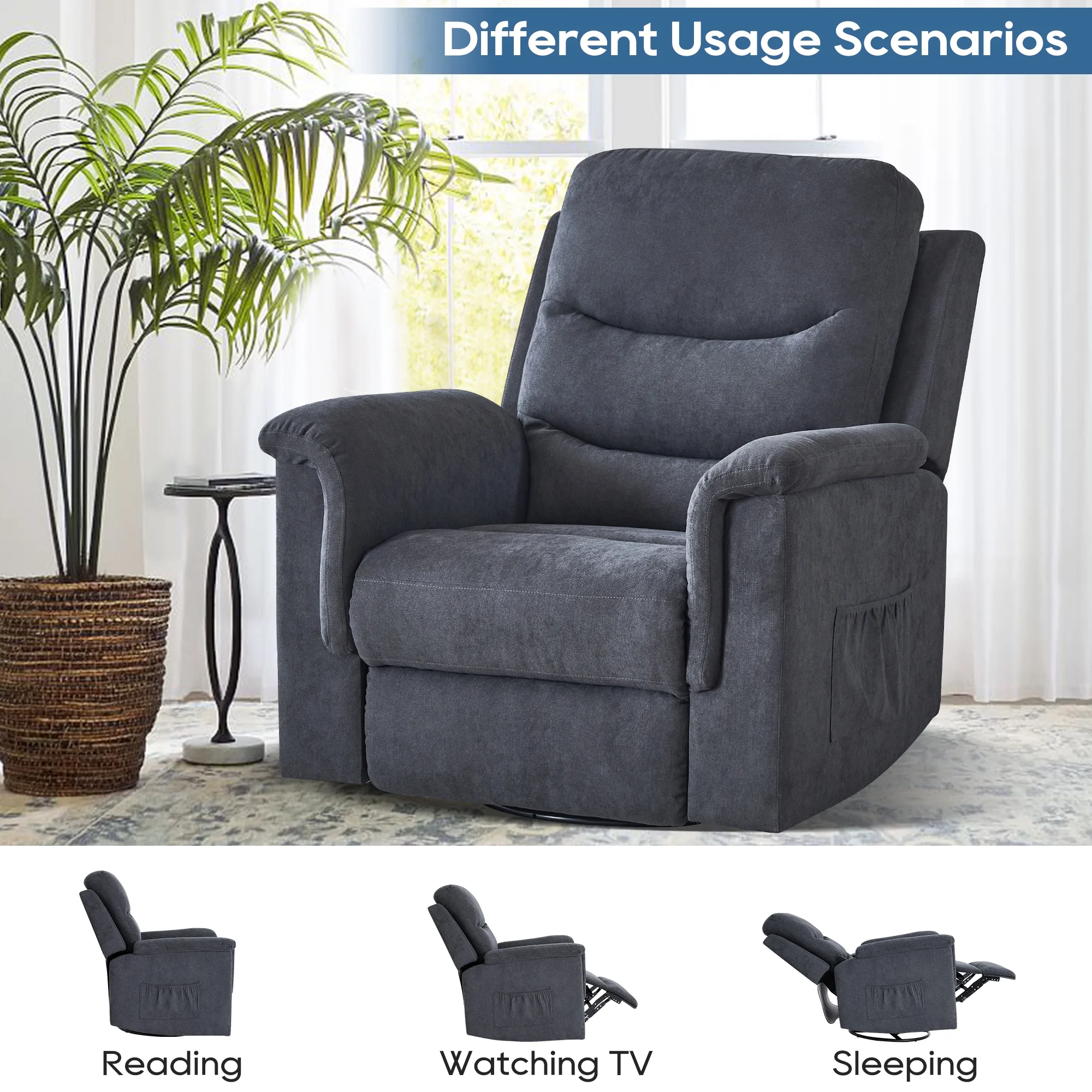 LVUYOYO Swivel Rocker Recliner Chair, Recliner Chair for Adults, Velvet Manual Rocking Chair with 360°Swivel and 30°Rocker, Rocking Chair Nursery Recliners for Living Room,Grey