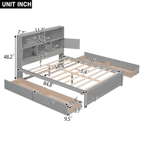 Full Size Platform 4 Storage Drawers, Charging Station & Bookcase Headboard, Wooden Bed Frame for Kids Teens Adults, No Box Spring Needed, Gray