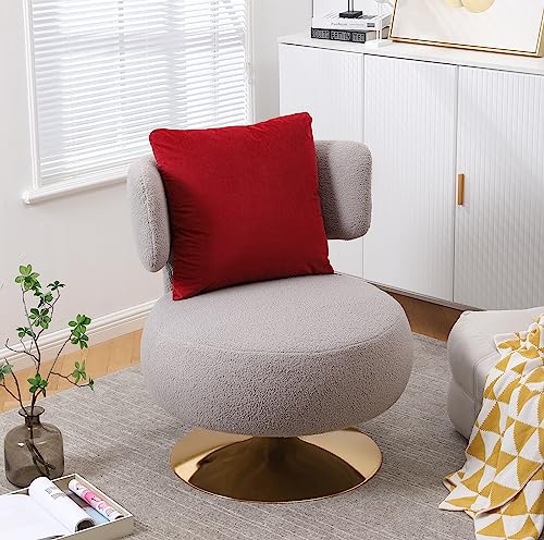 Swivel Accent Chair, Upholstered Barrel Chair with Pillow, 360 Degree Swivel Comfy Single Sofa Chair for Living Room, Bedroom, Lounge, Home Office (White with Orange Pillow, Teddy)
