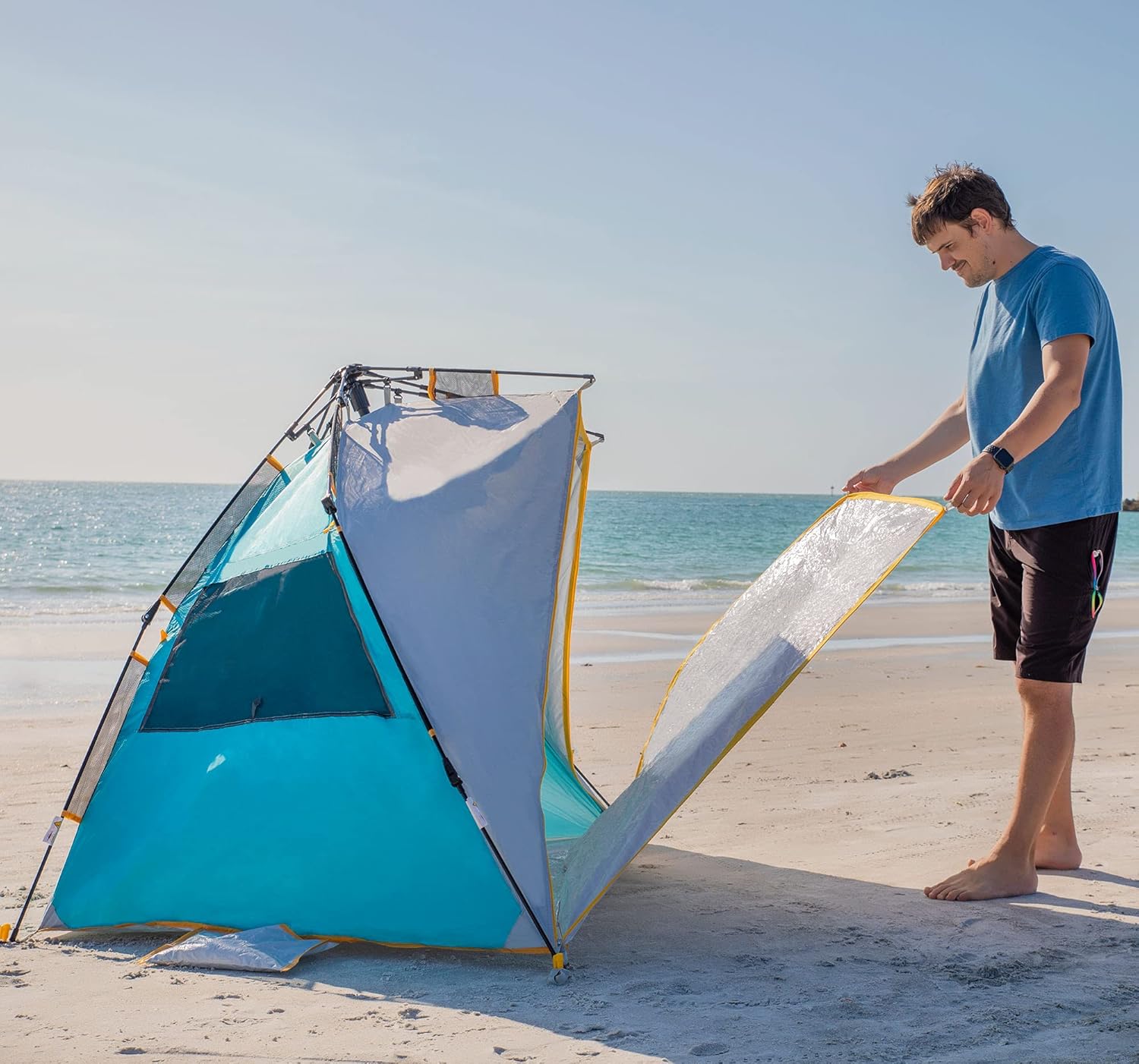 WolfWise 3-4 Person Easy Up Beach Tent UPF 50+ Portable Instant Sun Shelter Canopy Umbrella with Extended Zippered Porch