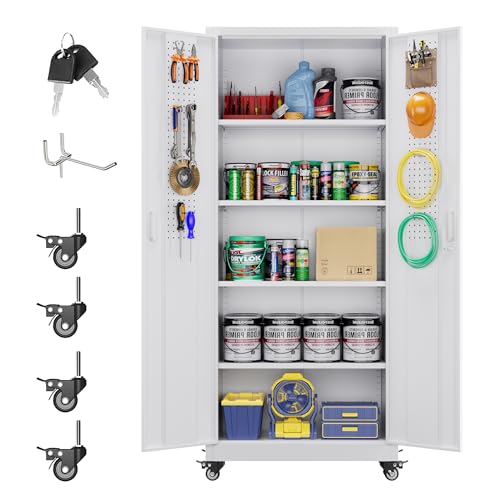 Aobabo 73''H Metal Garage Storage Cabinet with Wheels and Pegboards, 4 Adjustable Shelves Steel Storage Cabinets for Home,Warehouse,Garage,Assembly Required,White