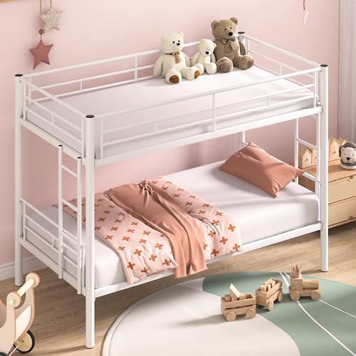 VECELO Metal Loft Bed Twin Size, Heavy Duty Bedframe with Removable Ladder and Safety Guardrail, Space-Saving, Noise Free, No Box Spring Needed, Off White
