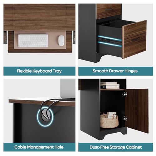 Bestier 59” Executive Desk with 2 Drawers, Computer Desk with Storage Cabinet, Industrial Wood Desk with File Drawer, Keyboard Tray & 2 Pedestals for Home Office & Studio, Cherry