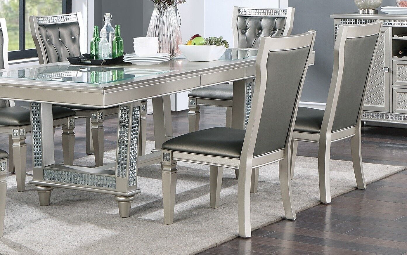Esofastore Silver Hues Grey Finish 7pc Set Table w Glass Insert Top 6x Side Chairs Dining Room