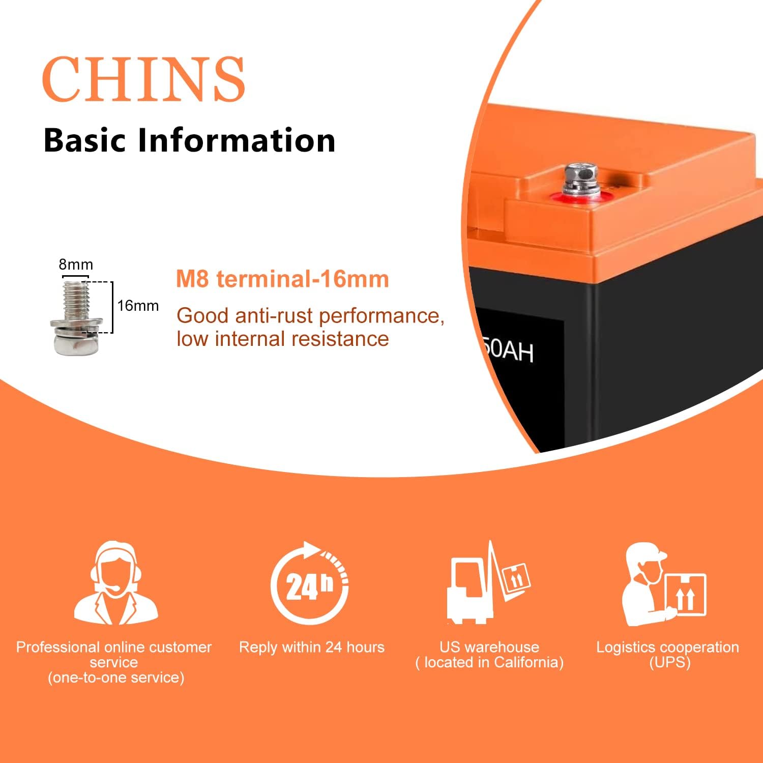 CHINS LiFePO4 Battery 12V 300Ah Lithium Battery - Built-in 200A BMS, Perfect for Replacing Most of Backup Power, Home Energy Storage and Off-Grid etc.