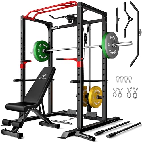 Power Cage, 2000LBS Multi-Function S11 Power Rack with LAT Pulldown, Squat Rack with Adjustable Pulley System and More Training Attachments, Weight Workout Machine for Home Gym