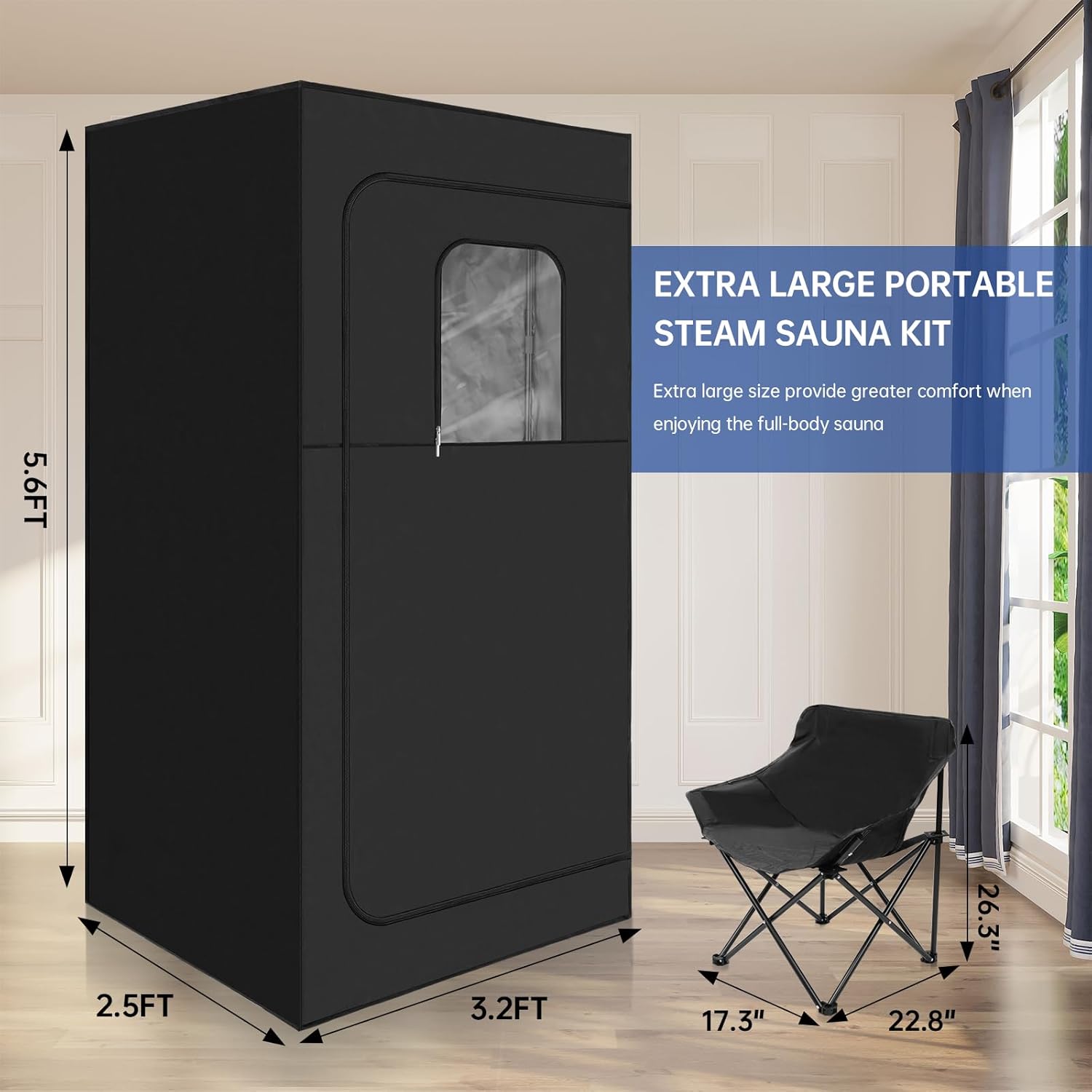 Portable Steam Sauna for Home Spa,Full Size Steam Room for Relaxation,600D Canvas Sauna Tent Personal Sauna Box with 3L &1000W Steamer,Foldable Chair,67.7"x 39.3"x 30.7",Black