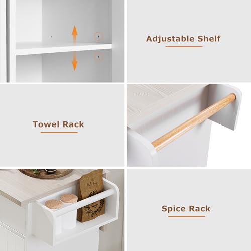 60" Kitchen Island with Drop Leaf and Power Outlet, Rolling Kitchen Cart on Wheels with Trash Can Storage Cabinet, Spice Rack, Towel Rack and Adjustable Shelf for Dining Room