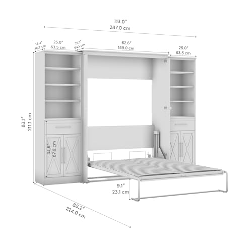 Bestar Key West Full Murphy Bed and Closet Organizers with Doors and Drawers (113W) Space-Saving Sleeping Arrangement for Multipurpose Area, Bedroom, Guest Room, or Living Room in Pure White Oak