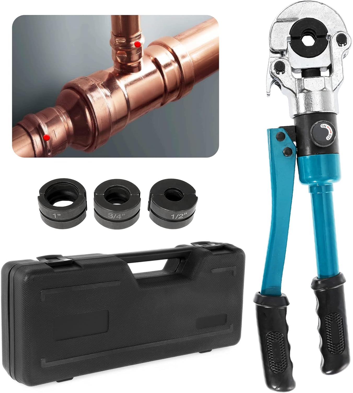 BEAMNOVA Hydraulic Copper Pipe Crimper Tool Set, 1/2, 3/4, 1 inch Dies Jaw, Universal Hand Press Copper Tube Crimping Pliers Kit with Storage Case