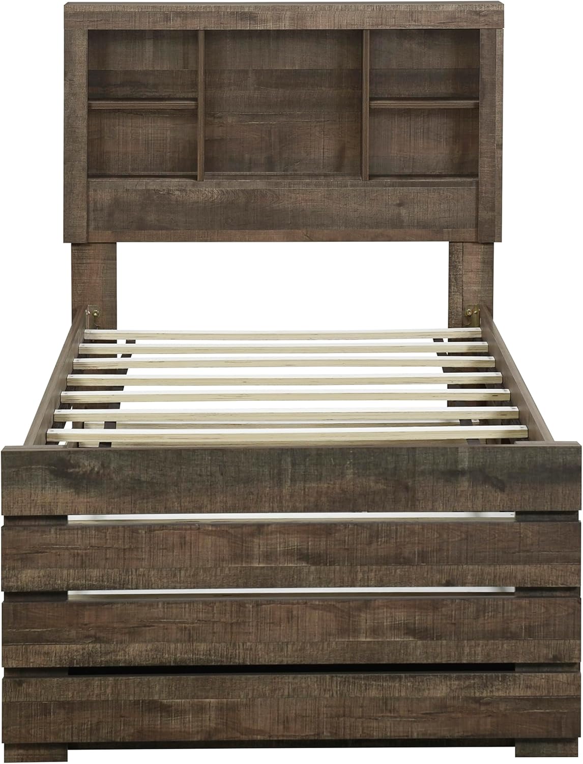 Farmhouse Style Twin Size Bookcase Captain Bed with Three Drawers and Trundle, Rustic Brown