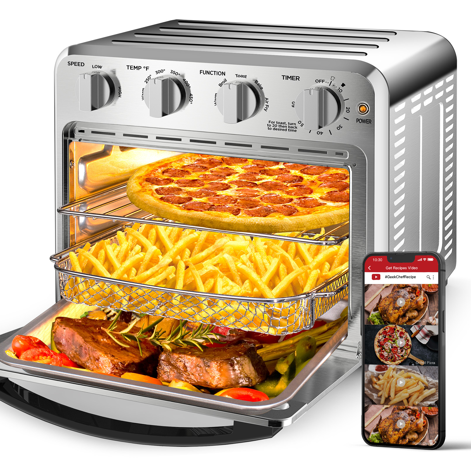 Air Fryer, 6 Slice 26QT/26L Air Fryer Fry Oil-Free, Extra Large Toaster Oven Combo, Air Fryer Oven, Roast, Bake, Broil, Reheat, Convection Countertop Oven, Accessories Included, Stainless St