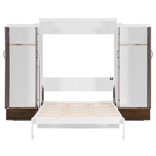 KLMM Wooden Murphy Bed Wall Bed with 2 Wardrobe and Storage Shelf,Foldable Platform Bedframe for Guest-Room Bedroom Study Office Use (White#E, Full)