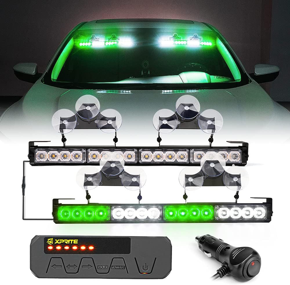 Xprite Emergency Traffic Advisor Strobe Dual Light Bar, White Amber LED Interior Windshield Visor Deck Safety Hazard Warning Caution Flashing Lightbars w/Control Box, for Construction Vehicles Trucks Pack of 2