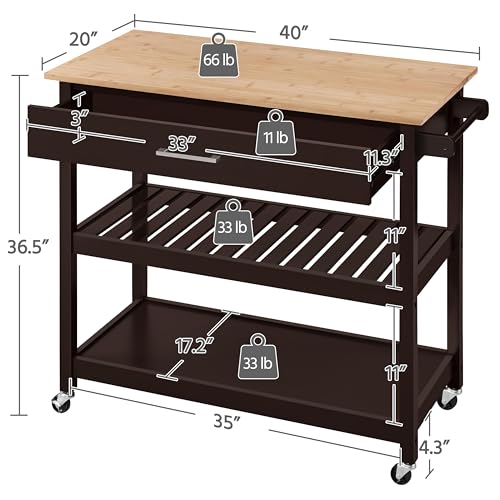 Yaheetech Kitchen Island Cart on Wheels with Bamboo Tabletop, 3-Tier Rolling Kitchen Island Microwave Cart with Drawer, Detachable Towel, 3 Hooks, 17" D x 37.5" W, White