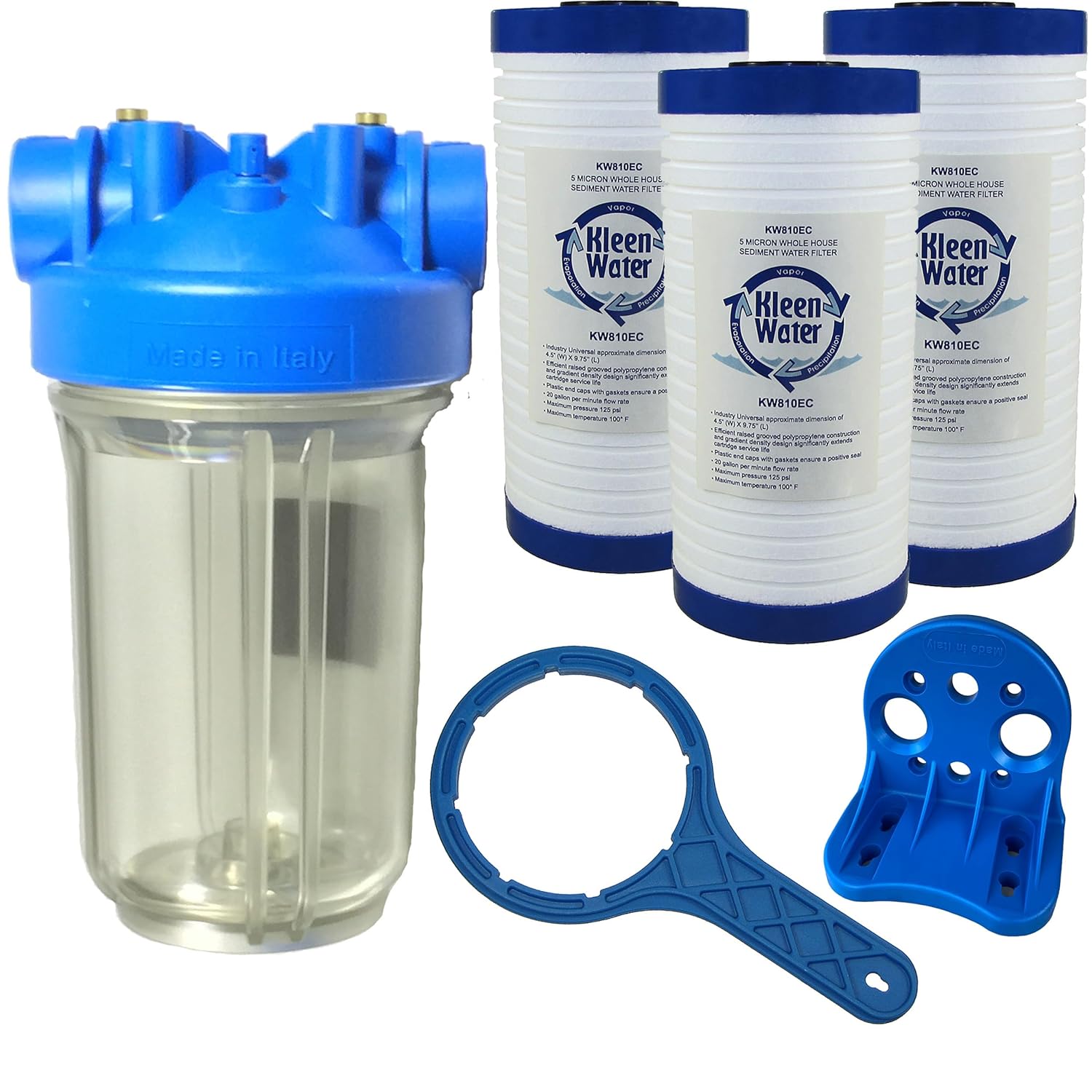 KleenWater Premier Whole House Water Filter System with 3/4 Inch Inlet/Outlet, Dirt Sediment Cartridges 4.5 x 9.75 Inch (3), Transparent Housing (1), Bracket (1) & Wrench (1)