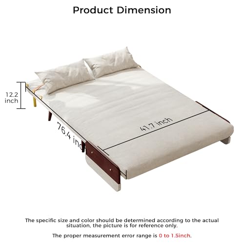3-in-1 Convertible Chair Bed Sleeper for Adults, Linen Convertable Sleeper Chair with Wooden Arms & Pillows, Foldable Single Futon Sofa Bed (Mid Century with Walnut Arm, 36.6" Wide)