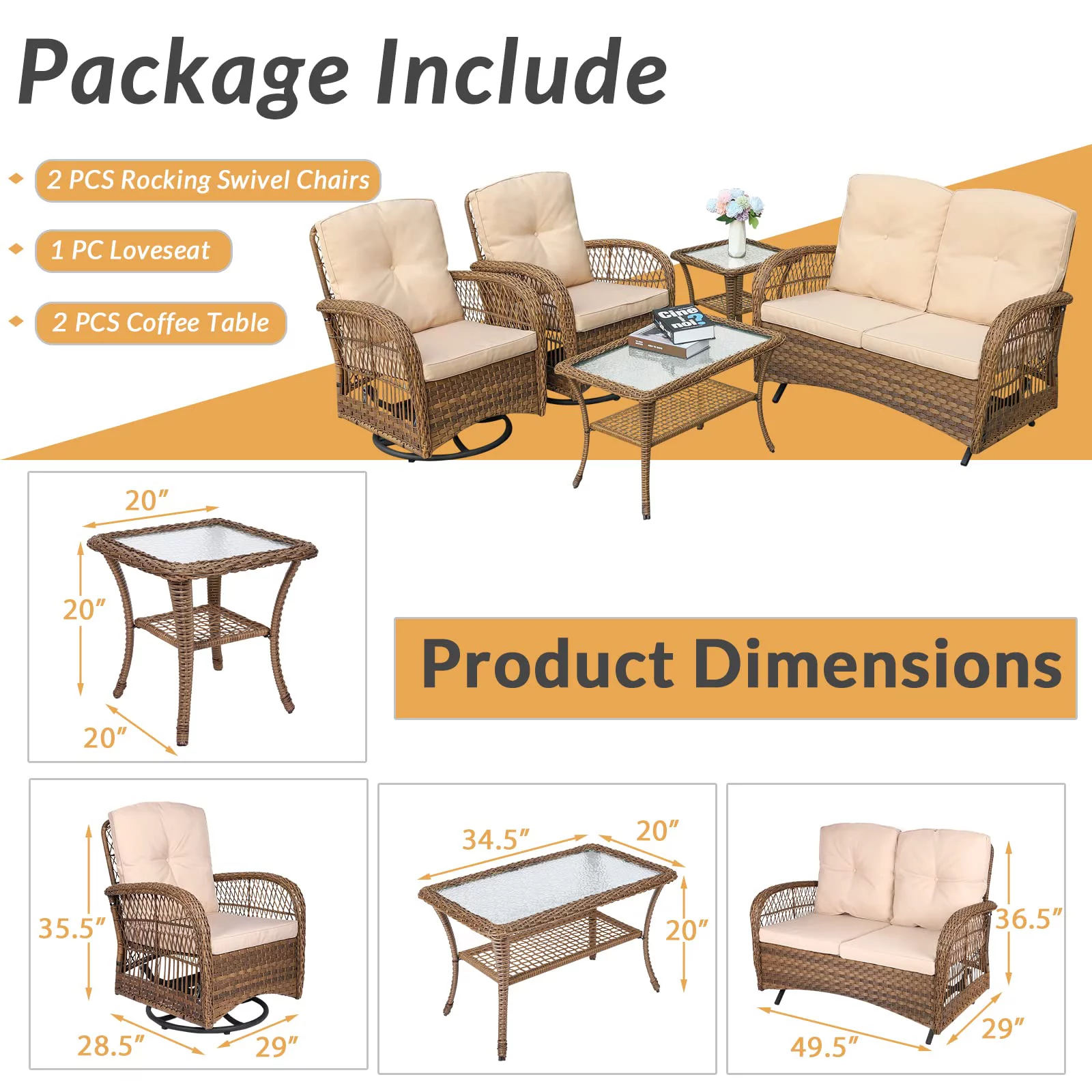 W WARMHOL 5 Pieces Outdoor Furniture All Weather Wicker Patio Conversation Cushioned Sofa Set with Glider Loveseat/2 Swivel Rocking Chairs/2 Matching Glass Coffee Table for Garden, Poolside, Backyard
