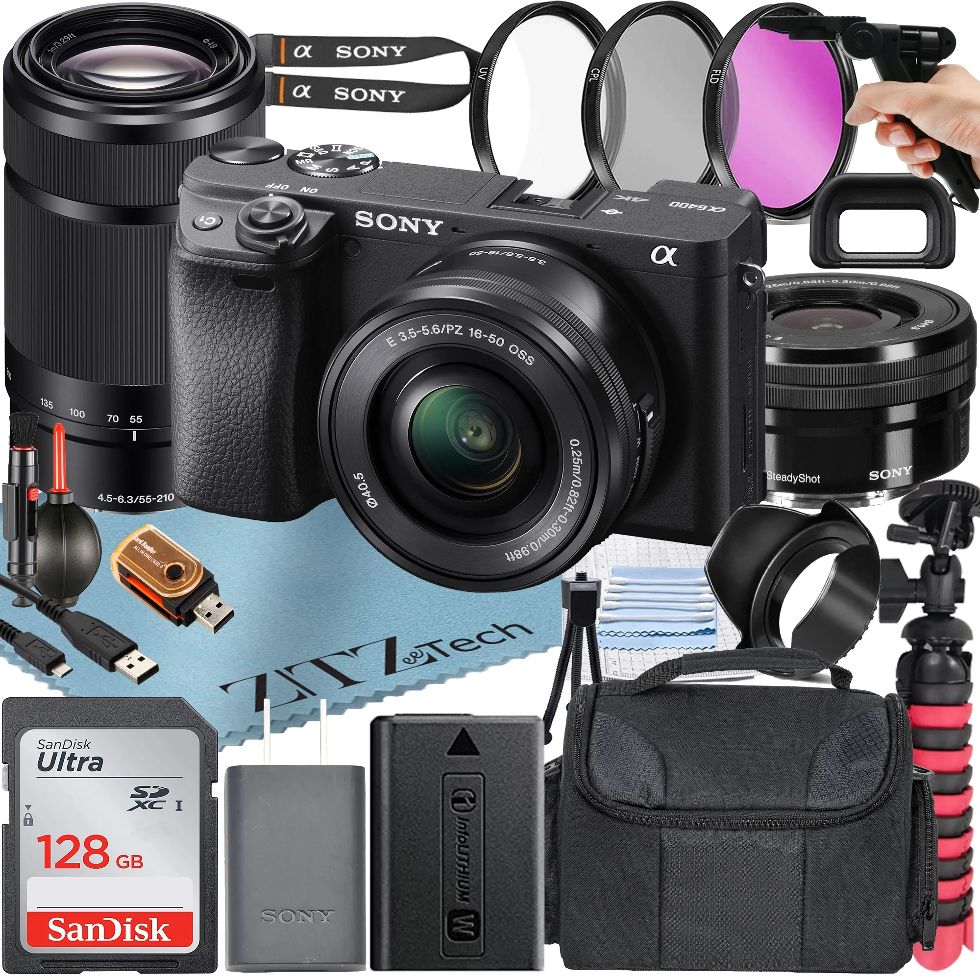 Sony Alpha a6400 Mirrorless Digital Camera with E PZ 16-50mm + E 55-210mm OSS Lens + SanDisk 128GB Card + Tripod + ZeeTech Accessory Bundle - Curated Treasures Market