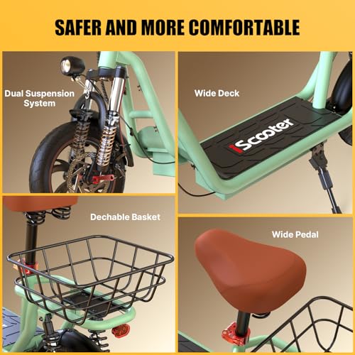 iScooter Electric Scooter with Seat, 37/21 Miles Long Range & 28/19/15.6 MPH Top Speed, 14"/12"/10" Pneumatic Tire, Height Adjustable Seat & Handlebar, Dual Suspensions Commuting Scooter with Basket